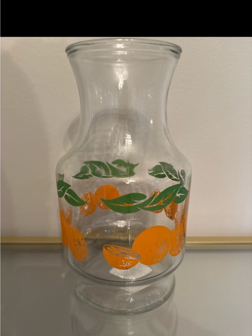 Anchor Hocking Clear Glass Carafe with Orange Fruit & Green Leaf Motif